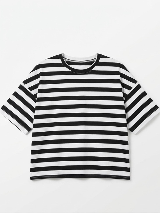 Tops - Striped Boxy Crewneck Top - Black & White